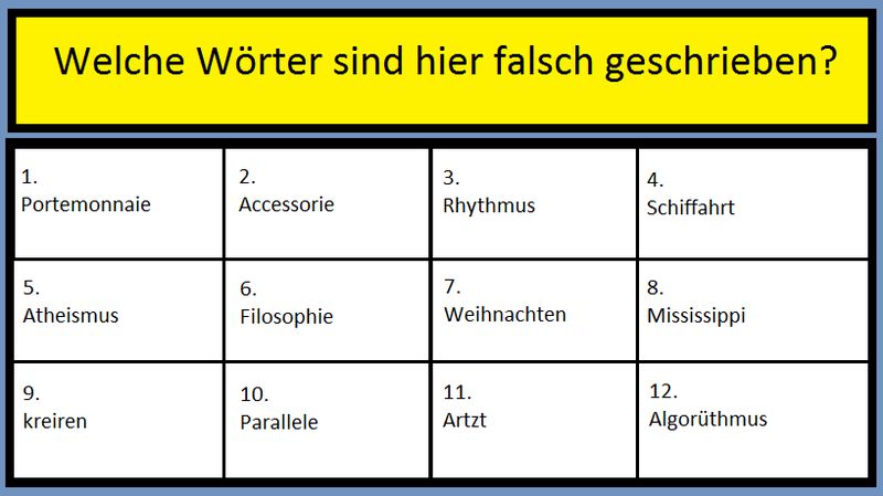 QUIZ: Welche Wörter sind hier falsch geschrieben?